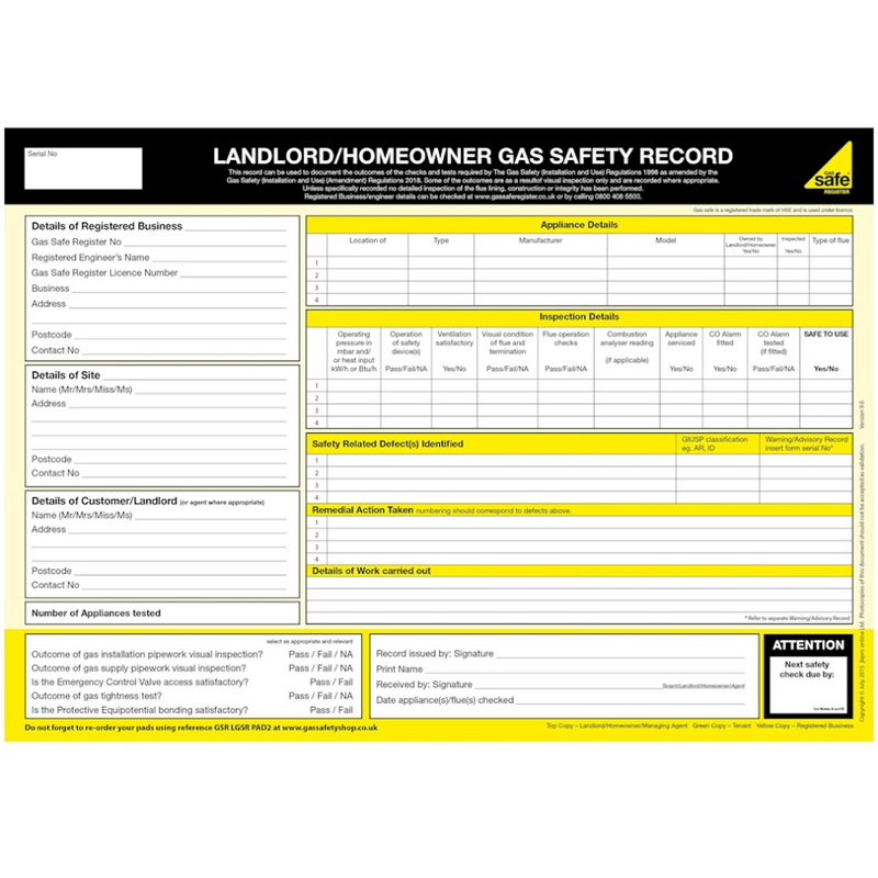 Landlord / Homeowner Gas Safety Record Pad